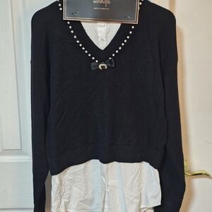 Sweet Wanderer Black V-Neck Sweater with Pearl Details